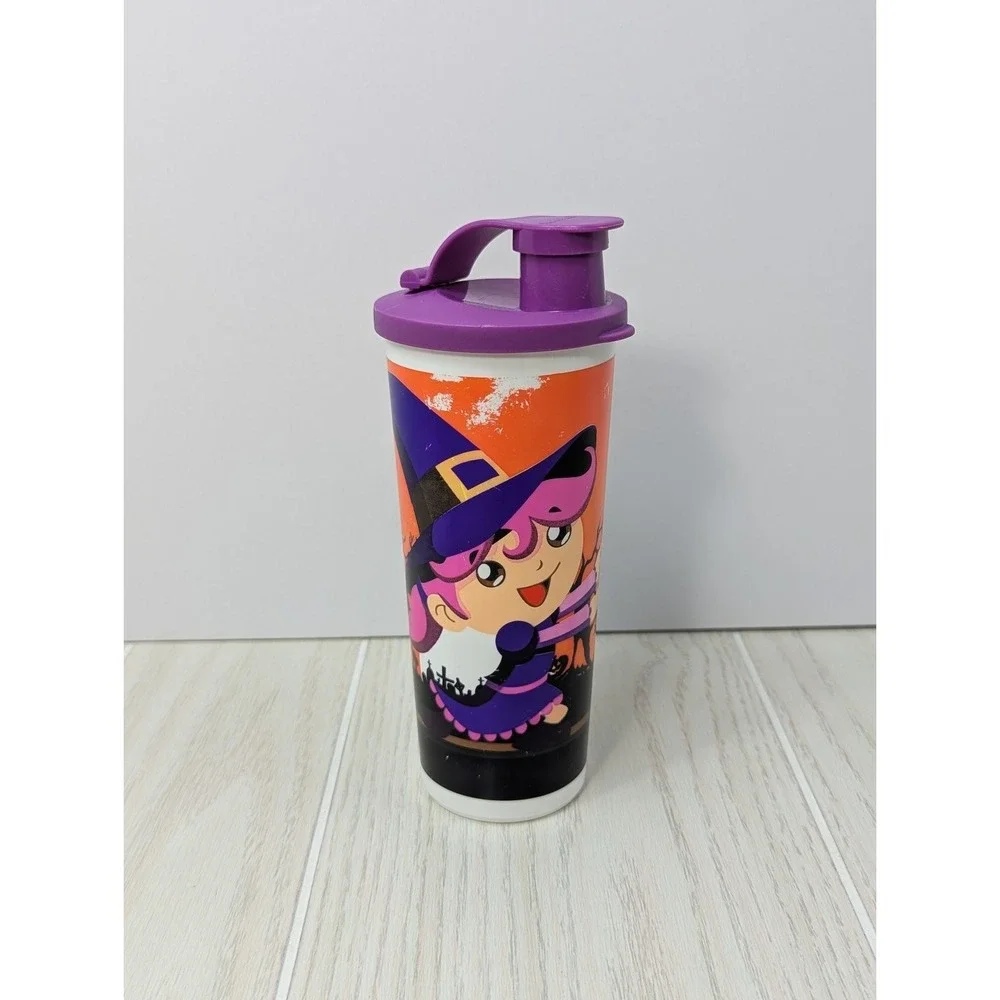 Tupperware 16 oz Halloween Witch Flip‎ Top Plastic Tumbler Cup orange purple
